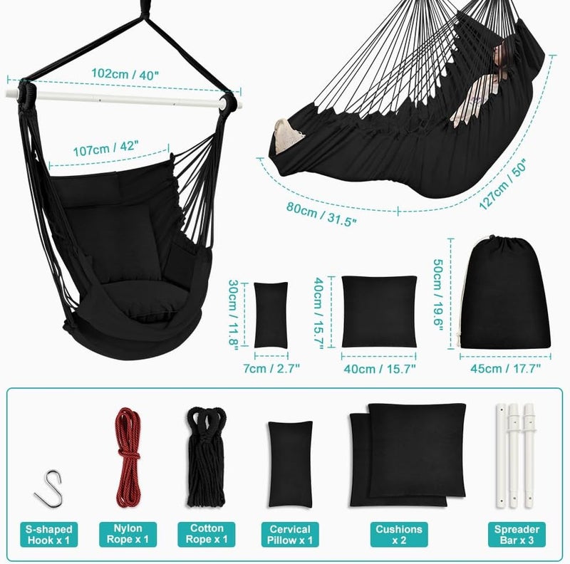 Outerman Hammock Chair, Hanging Chair with 3 Cushions and Foot Rest Support, Sturdy Metal Spreader Bar Max 500Lbs, Swing Chair for Bedroom, Indoor & Outdoor, Patio, Porch or Tree（Black）… - Image 3